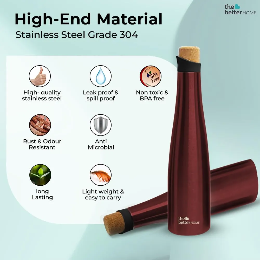 The Better Home Insulated Stainless Steel Water Bottle With Cork Cap | 18 Hours Insulation | Pack Of 20-500ml Each | Hot Cold Water For Office School Gym | Leak Proof & BPA Free | Wine Colour