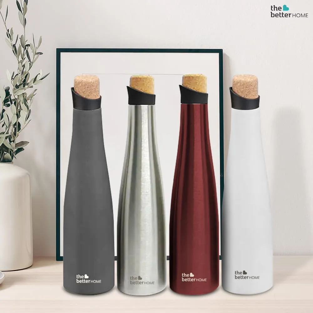 The Better Home Insulated Stainless Steel Water Bottle with Cork Cap | 18 Hours Insulation | Pack of 8-500ml Each | Hot Cold Water for Office School Gym | Leak Proof & BPA Free | Wine Colour
