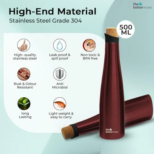 The Better Home Insulated Thermosteel Bottle with Cork Cap 500ml | 18h of Insulation | Hot and Cold Water Bottle for Kids School Office Gym | Anti Rust | Leak Proof | BPA Free | Wine Colour