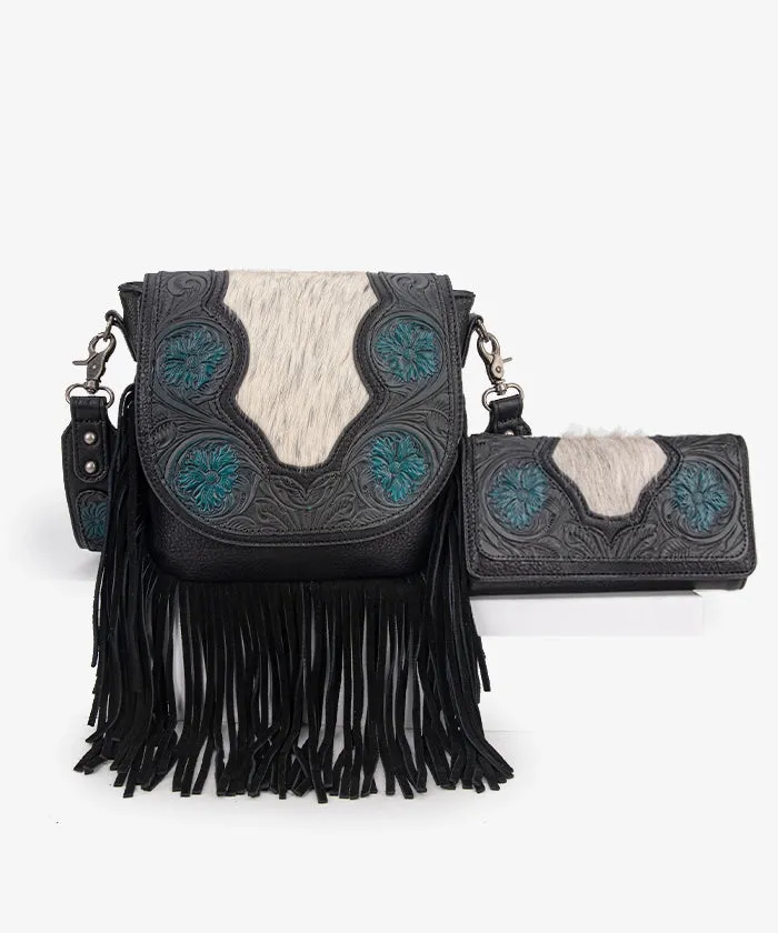Trinity Ranch Genuine Hair-On Cowhide Tooled Fringe Crossbody Bag Set