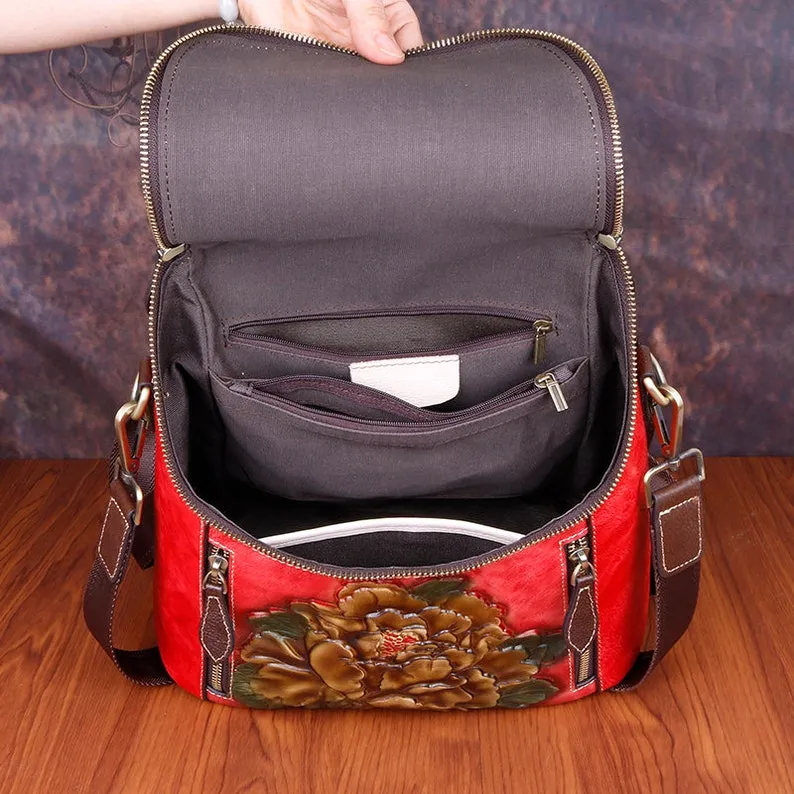 Unique Embossed Floral Leather Leather Backpack for Women