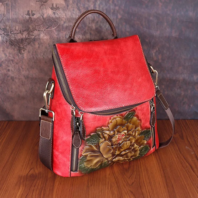 Unique Embossed Floral Leather Leather Backpack for Women