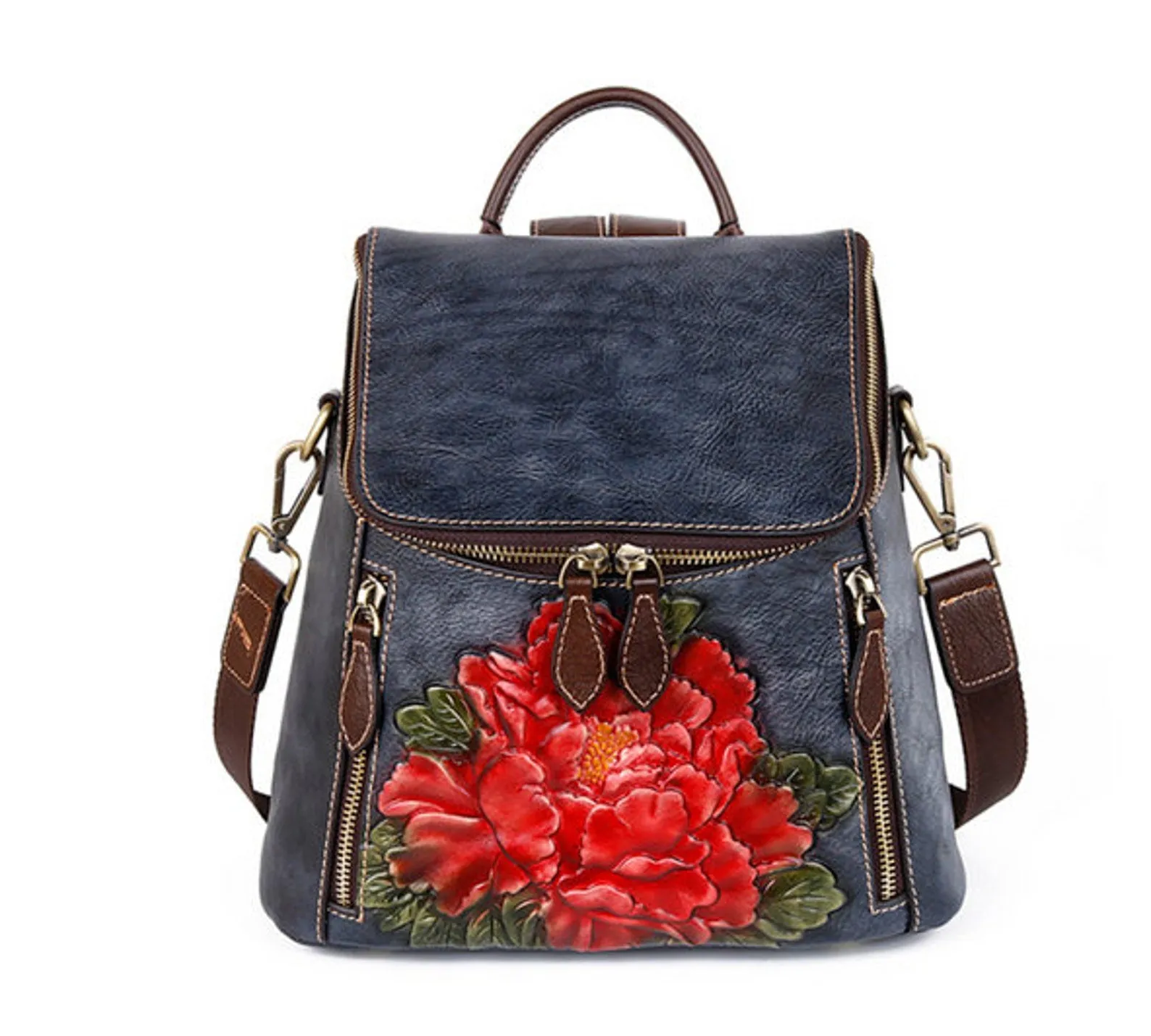 Unique Embossed Floral Leather Leather Backpack for Women