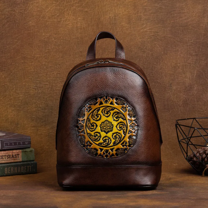 Vintage Vegetable Tanned Leather Embossing Backpack for Women C319