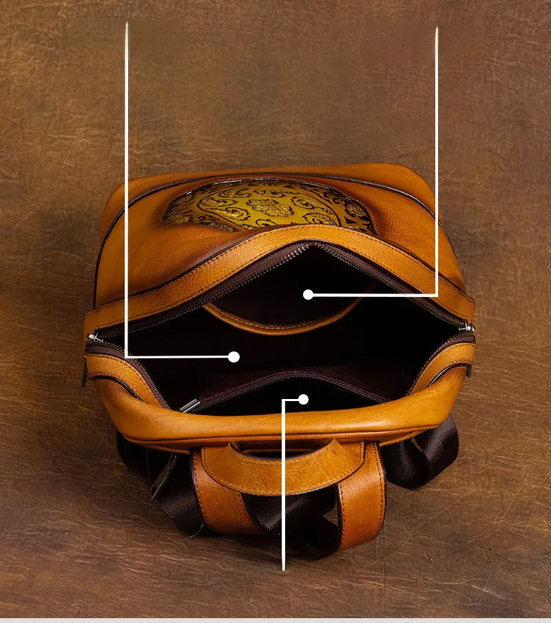 Vintage Vegetable Tanned Leather Embossing Backpack for Women C319