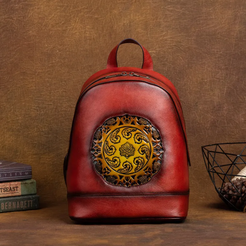 Vintage Vegetable Tanned Leather Embossing Backpack for Women C319