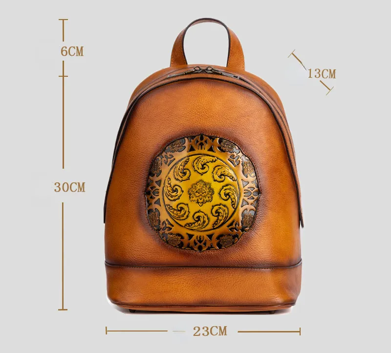 Vintage Vegetable Tanned Leather Embossing Backpack for Women C319
