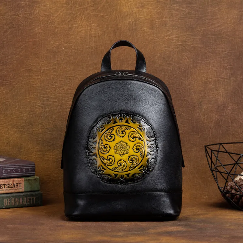 Vintage Vegetable Tanned Leather Embossing Backpack for Women C319