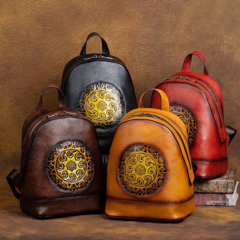 Vintage Vegetable Tanned Leather Embossing Backpack for Women C319