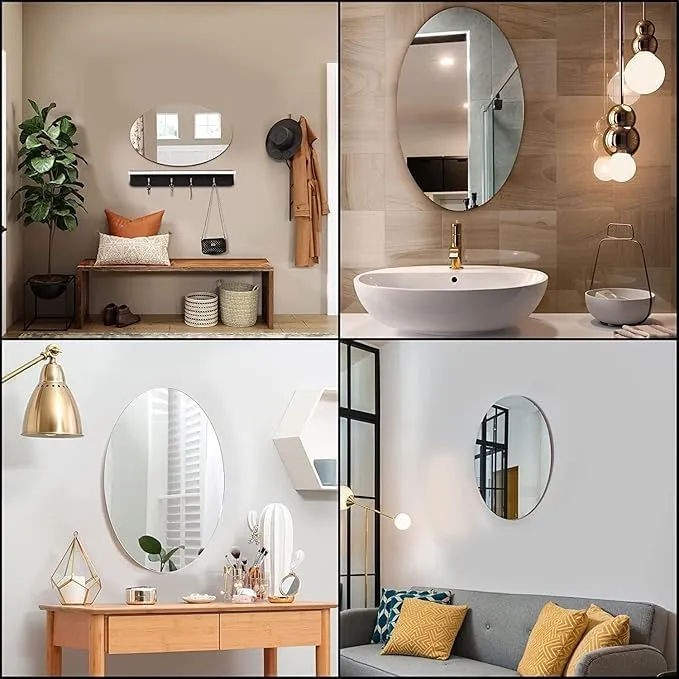 VJML Oval Shape Adhesive Mirror Sticker for Wall on Tiles Bathroom Bedroom Living Room Basin Mirror Bathroom Wall Mirror Stickers Unbreakable Plastic Vanity Mirror, Dressing Table Makeup Mirror (PL)