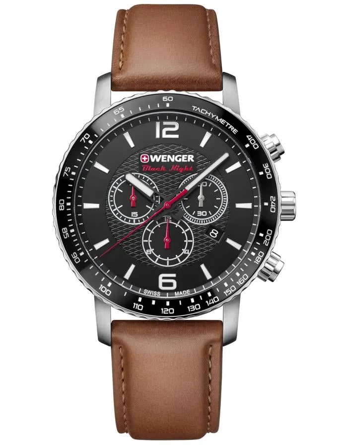 Wenger Mens Roadster Black Night Chronograph- Brown Leather Strap - Date Window