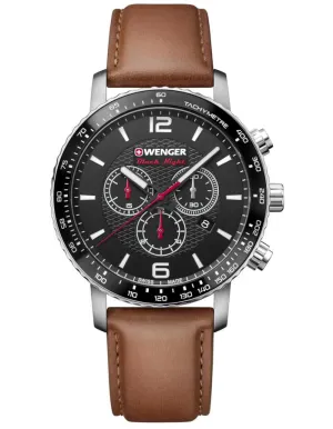 Wenger Mens Roadster Black Night Chronograph- Brown Leather Strap - Date Window