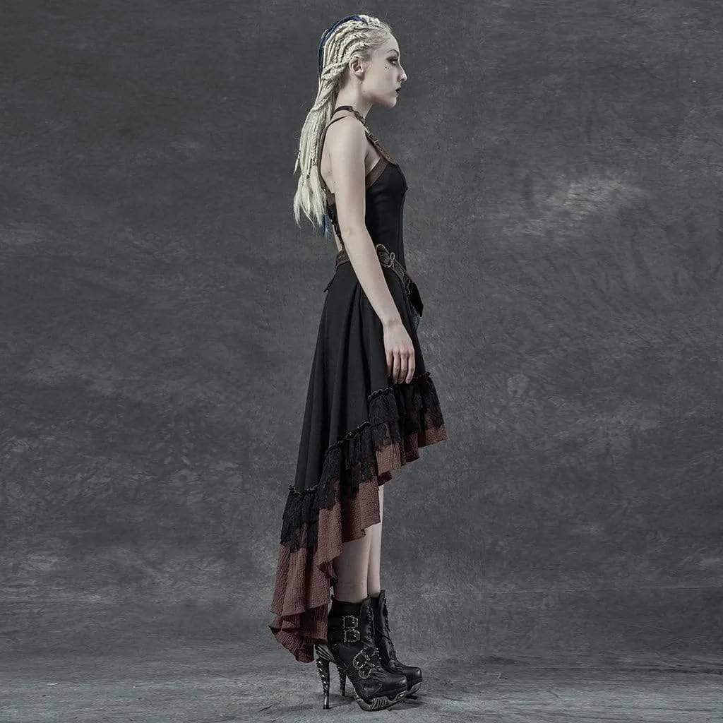 Women's Gothic Contrast Color Strappy Irregular Slip Dresses With Bag