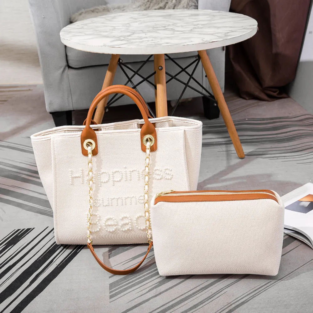 XIANGTUIBAO Cross-Border Women's Bag Classic Style Handmade Beads Embroidered Canvas Bag Large Capacity Bag Shoulder White Mother Bag Big Bag