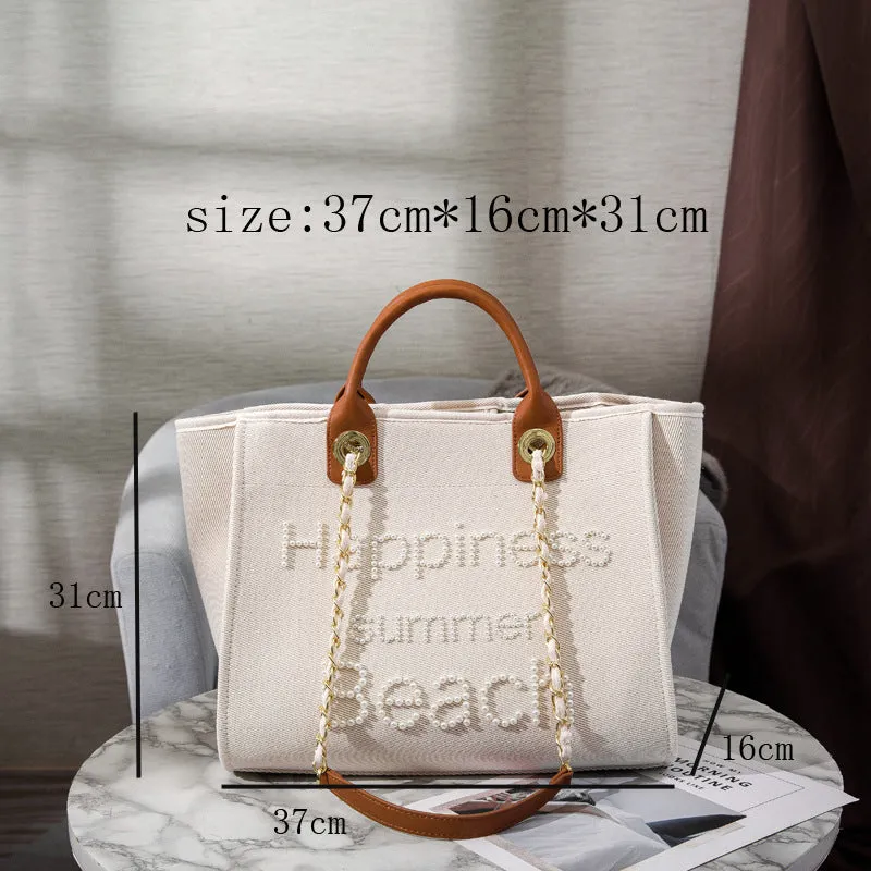 XIANGTUIBAO Cross-Border Women's Bag Classic Style Handmade Beads Embroidered Canvas Bag Large Capacity Bag Shoulder White Mother Bag Big Bag