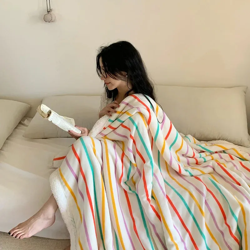 Yeknu Ins Style Blanket 2024 New Skin Friendly Lamb Fleece Blanket Striped Series For Bedroom Sofa Office
