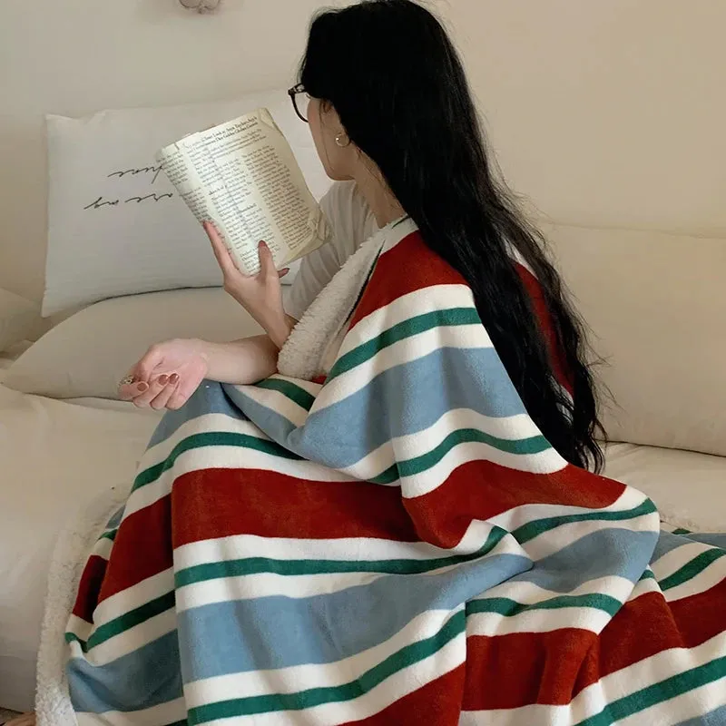 Yeknu Ins Style Blanket 2024 New Skin Friendly Lamb Fleece Blanket Striped Series For Bedroom Sofa Office
